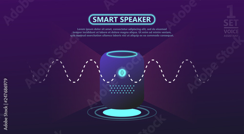 Personal assistant, smart speaker with title voice assistant. Voice activated digital assistants and customer self customer concept. Smart speaker reports the news, answers questions. Website template