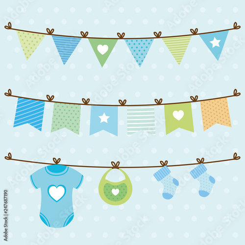 baby shower card with set items hanging