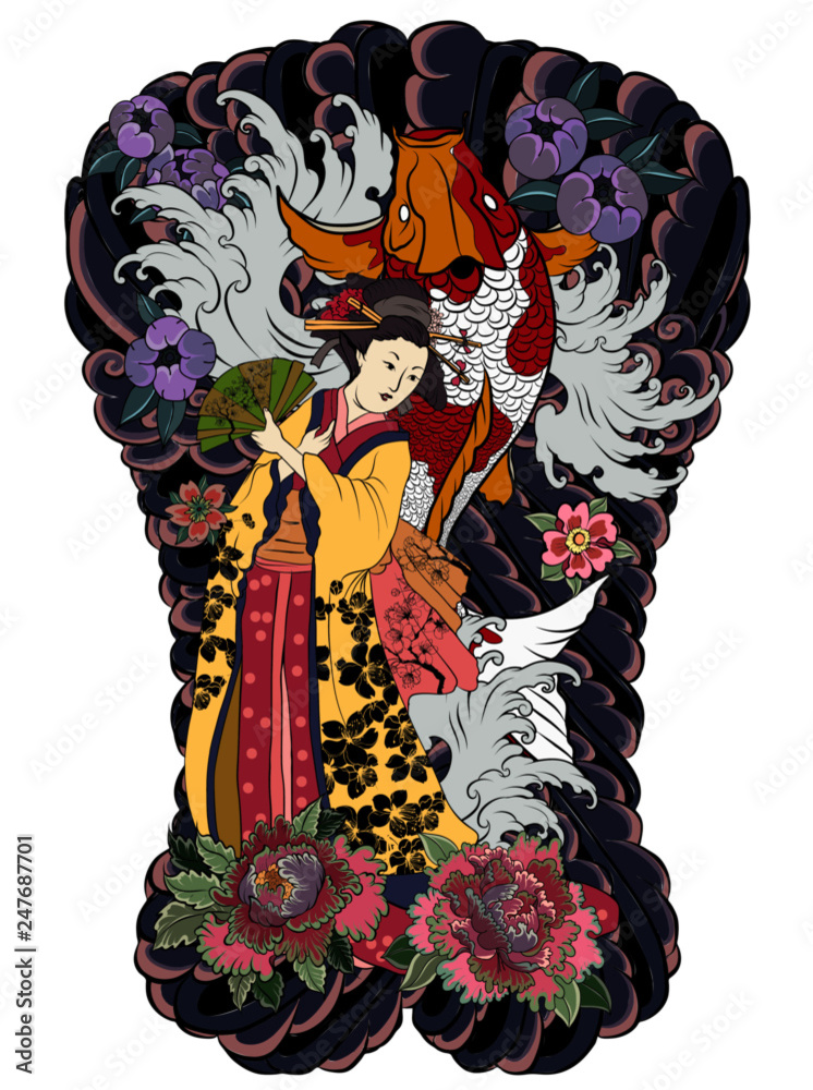 Traditional Japanese tattoo style.Japanese women in kimono with her cat and  Old dragon.Hand drawn geisha girl and kitten on back tattoo.Old dragon with  peony flower and chrysanthemum on background. Stock Vector