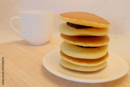 Dora-yaki, popular Japanese pancake with sweet red bean and space for write wording, served with coffee or tea in morning or coffee time, sold in coffee shop, market and department store 
