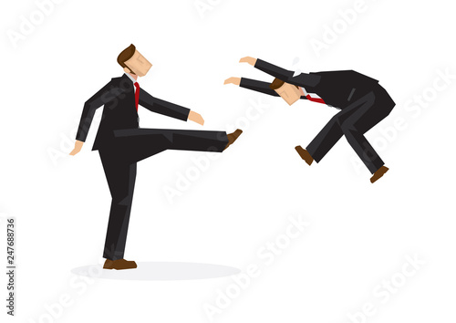 A mean businessman kicks another businessman away. Concept of attacking competitors or firing of employee in an aggressive way. Isolated vector illusration.