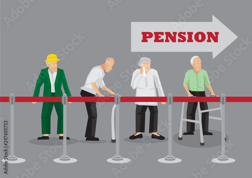 Old People Waiting in Line for Pension Payment Vector Illustration