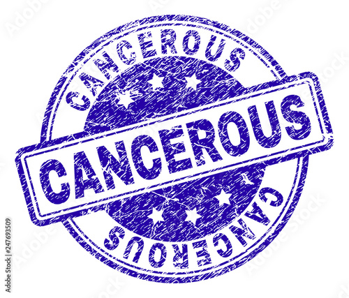 CANCEROUS stamp seal imprint with grunge texture. Designed with rounded rectangles and circles. Blue vector rubber print of CANCEROUS tag with scratched texture.
