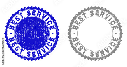 Grunge BEST SERVICE stamp seals isolated on a white background. Rosette seals with grunge texture in blue and gray colors. Vector rubber imitation of BEST SERVICE caption inside round rosette.