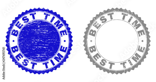 Grunge BEST TIME stamp seals isolated on a white background. Rosette seals with grunge texture in blue and gray colors. Vector rubber imprint of BEST TIME caption inside round rosette.