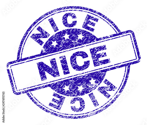NICE stamp seal watermark with grunge texture. Designed with rounded rectangles and circles. Blue vector rubber print of NICE label with unclean texture.