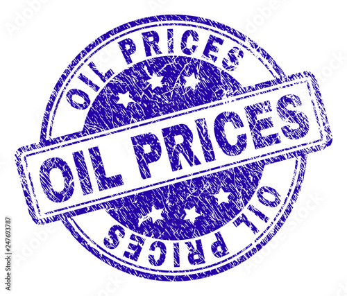 OIL PRICES stamp seal watermark with grunge texture. Designed with rounded rectangles and circles. Blue vector rubber print of OIL PRICES tag with grunge texture.