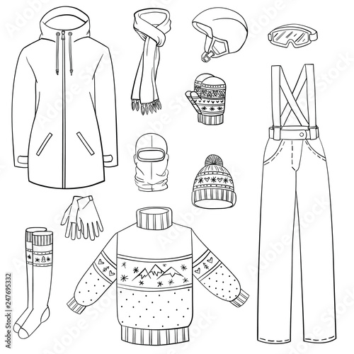 Set of winter clothes. Hand drawn collection of clothes for  for snowboarding and skiing