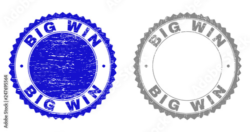 Grunge BIG WIN stamp seals isolated on a white background. Rosette seals with grunge texture in blue and gray colors. Vector rubber imitation of BIG WIN label inside round rosette.