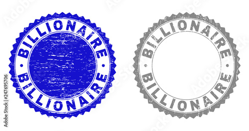 Grunge BILLIONAIRE stamp seals isolated on a white background. Rosette seals with grunge texture in blue and gray colors. Vector rubber watermark of BILLIONAIRE text inside round rosette.