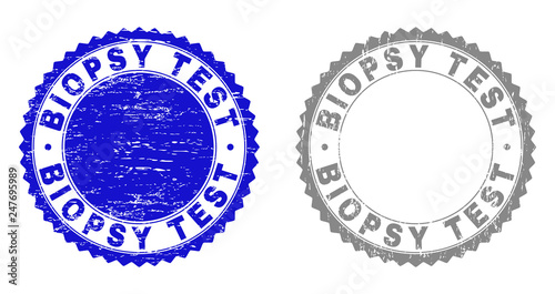 Grunge BIOPSY TEST stamp seals isolated on a white background. Rosette seals with grunge texture in blue and grey colors. Vector rubber imitation of BIOPSY TEST title inside round rosette.