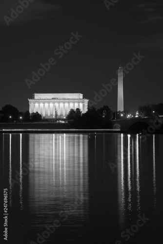 The Lincoln Memorial and Washington Monument reflecting in the Potomac River, in Washington, DC