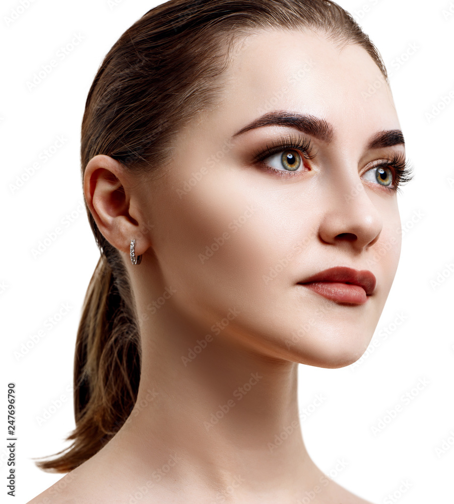 Side view on beautiful female face with perfect skin. Stock Photo