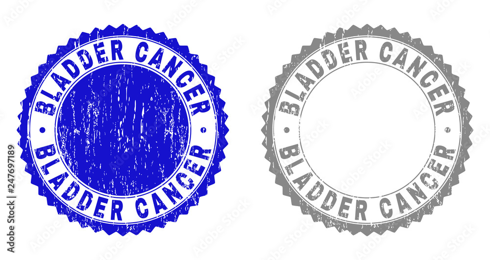 Obraz premium Grunge BLADDER CANCER stamp seals isolated on a white background. Rosette seals with grunge texture in blue and gray colors. Vector rubber overlay of BLADDER CANCER label inside round rosette.
