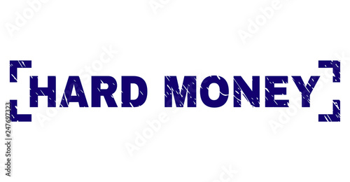 HARD MONEY text seal watermark with corroded effect. Text label is placed inside corners. Blue vector rubber print of HARD MONEY with corroded texture.