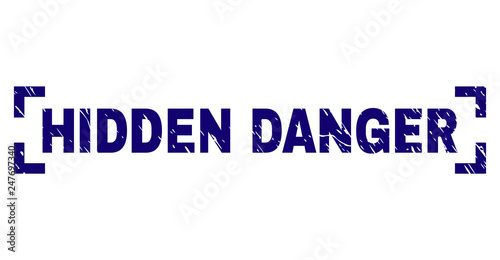 HIDDEN DANGER text seal print with corroded texture. Text tag is placed between corners. Blue vector rubber print of HIDDEN DANGER with scratched texture.