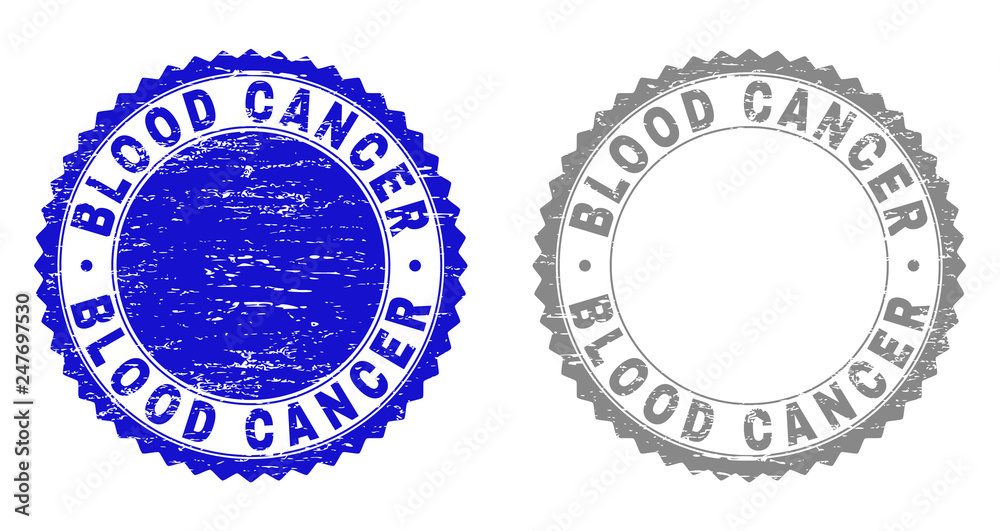 Obraz premium Grunge BLOOD CANCER stamp seals isolated on a white background. Rosette seals with grunge texture in blue and gray colors. Vector rubber imitation of BLOOD CANCER title inside round rosette.