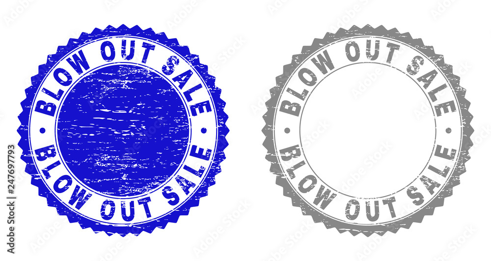 Fototapeta premium Grunge BLOW OUT SALE stamp seals isolated on a white background. Rosette seals with distress texture in blue and grey colors. Vector rubber overlay of BLOW OUT SALE caption inside round rosette.