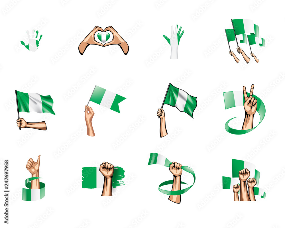 Nigeria flag and hand on white background. Vector illustration