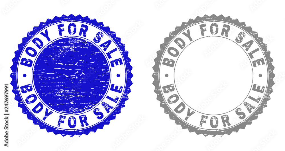 Obraz premium Grunge BODY FOR SALE stamp seals isolated on a white background. Rosette seals with grunge texture in blue and gray colors. Vector rubber imprint of BODY FOR SALE caption inside round rosette.