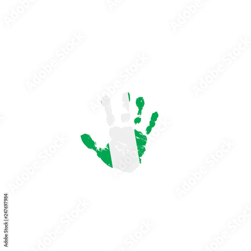 Nigeria flag and hand on white background. Vector illustration