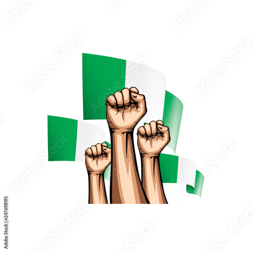 Nigeria flag and hand on white background. Vector illustration