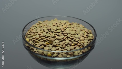 Lentils. Rotation. Close up. Heap of raw uncooked brown lentils in a bowl in rotation.  Food background.  gray background, studio shot. Healthy organic food diet concept
