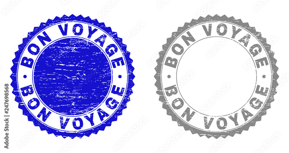 Grunge BON VOYAGE watermarks isolated on a white background. Rosette seals with grunge texture in blue and grey colors. Vector rubber imprint of BON VOYAGE title inside round rosette.