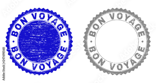 Grunge BON VOYAGE watermarks isolated on a white background. Rosette seals with grunge texture in blue and grey colors. Vector rubber imprint of BON VOYAGE title inside round rosette.