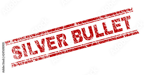 SILVER BULLET seal print with corroded style. Red vector rubber print of SILVER BULLET title with unclean texture. Text title is placed between double parallel lines.