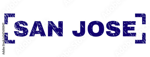 SAN JOSE label seal print with corroded style. Text label is placed between corners. Blue vector rubber print of SAN JOSE with unclean texture.