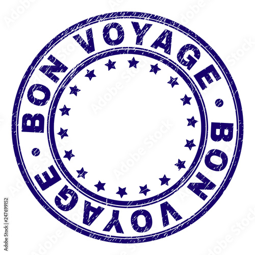 BON VOYAGE stamp seal watermark with grunge texture. Designed with circles and stars. Blue vector rubber print of BON VOYAGE caption with dirty texture.
