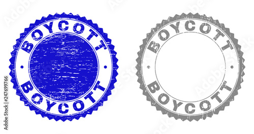 Grunge BOYCOTT stamp seals isolated on a white background. Rosette seals with grunge texture in blue and gray colors. Vector rubber overlay of BOYCOTT text inside round rosette.