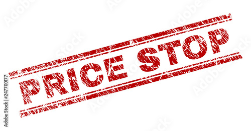 PRICE STOP seal print with distress texture. Red vector rubber print of PRICE STOP caption with dust texture. Text tag is placed between double parallel lines.