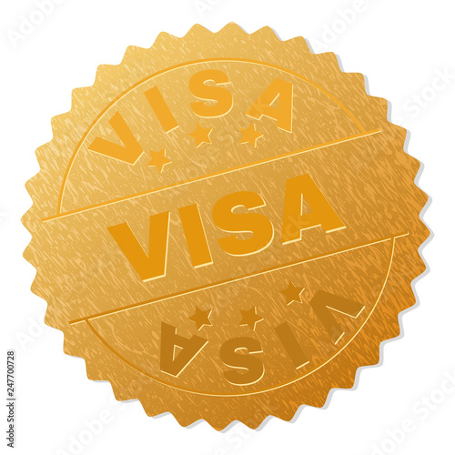 VISA gold stamp medallion. Vector golden award with VISA text. Text labels are placed between parallel lines and on circle. Golden surface has metallic effect.