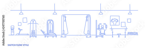 modern gym interior equipment for workout empty no people health fitness club sketch flow style horizontal