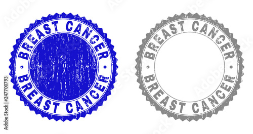 Grunge BREAST CANCER stamp seals isolated on a white background. Rosette seals with grunge texture in blue and grey colors. Vector rubber overlay of BREAST CANCER title inside round rosette.