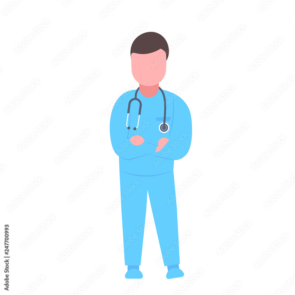 male doctor with stethoscope folded hands man medical clinic worker in blue uniform professional occupation concept cartoon character full length flat isolated male doctor with stethoscope folded hands man medical clinic worker in blue uniform professional occupation concept cartoon character full length flat isolated