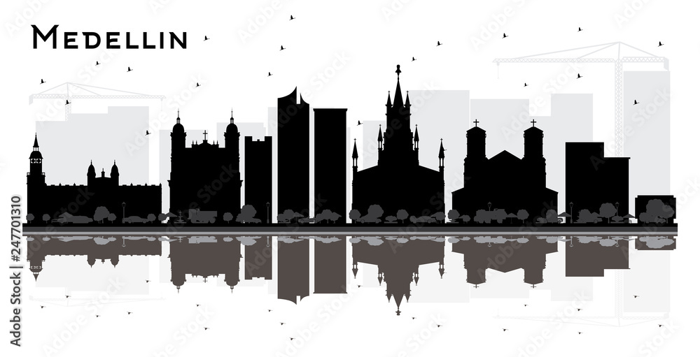 Medellin Colombia City Skyline Silhouette with Black Buildings and Reflections Isolated on White.