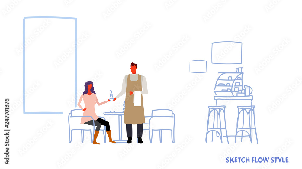 man waiter serving coffee drink to woman visitor sitting at cafe table modern restaurant interior male female cartoon characters full length sketch flow style horizontal