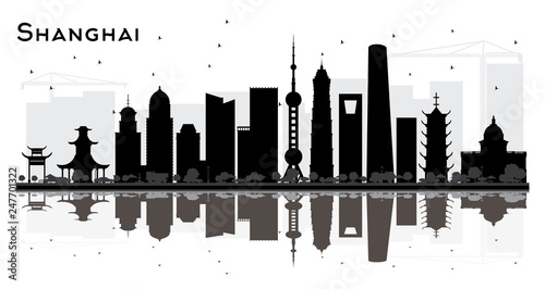 Shanghai China City Skyline Silhouette with Black Buildings and Reflections Isolated on White.