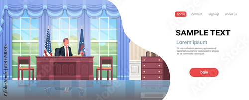 president sitting workplace wooden furniture USA national flag oval office white house cabinet interior male leader of the united states portrait flat horizontal copy space