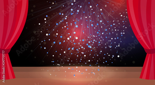 red curtains theater scene stage colorful glitter lights presentation concept horizontal empty no people