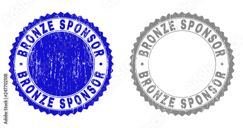 Grunge BRONZE SPONSOR stamp seals isolated on a white background. Rosette seals with distress texture in blue and grey colors. Vector rubber overlay of BRONZE SPONSOR caption inside round rosette.
