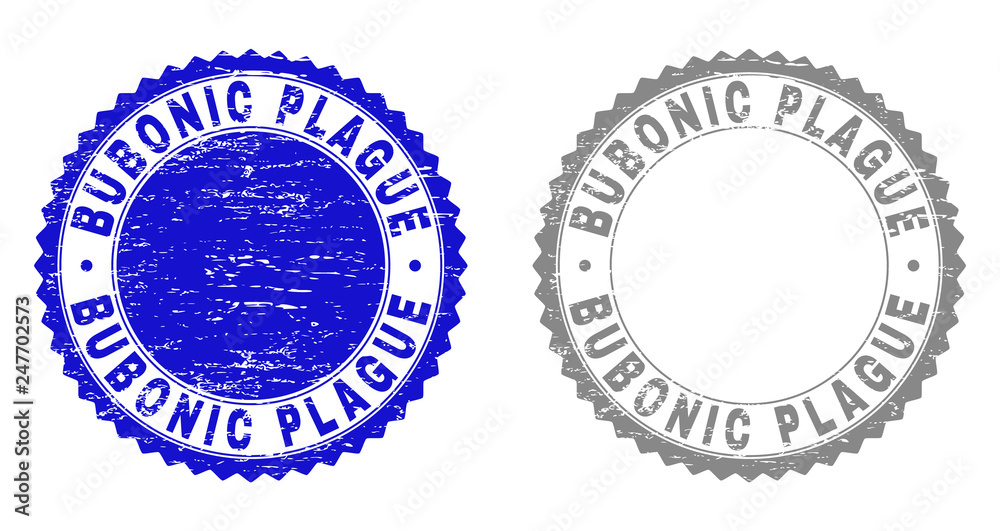 Obraz premium Grunge BUBONIC PLAGUE stamp seals isolated on a white background. Rosette seals with grunge texture in blue and grey colors. Vector rubber watermark of BUBONIC PLAGUE title inside round rosette.