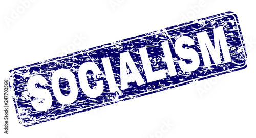 SOCIALISM stamp seal print with distress style. Seal shape is a rounded rectangle with frame. Blue vector rubber print of SOCIALISM tag with unclean style.