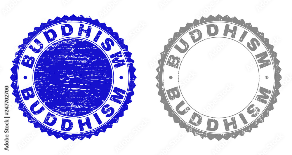 Grunge BUDDHISM stamp seals isolated on a white background. Rosette seals with grunge texture in blue and grey colors. Vector rubber overlay of BUDDHISM title inside round rosette.