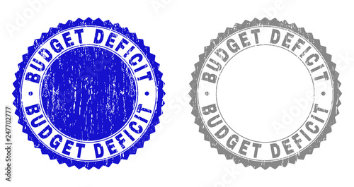 Grunge BUDGET DEFICIT stamp seals isolated on a white background. Rosette seals with grunge texture in blue and gray colors. Vector rubber watermark of BUDGET DEFICIT tag inside round rosette.
