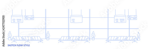 airport waiting hall departure terminal interior empty no people sketch flow style horizontal banner