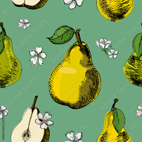 Pear sketch seamless pattern.Vintage ink hand drawn vector of different pears and flowers of pear on green background.Great for fabrics, wallpaper, packaging.